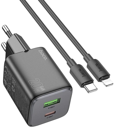 Изображение adowarka sieciowa do telefonu Hoco USB A + USB C QC PD 3A 20W + kabel USB C do Lightning N41 czarna