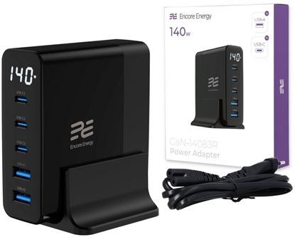 Picture of adowarka sieciowa Encore Energy GaN QC 4+ 5.0 PD 3.0 USB-A x2 USB-C x3 140W GaN-14083R z wywietlaczem + kabel USB-C 2m standard