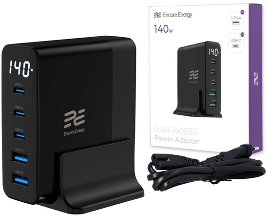 Изображение adowarka sieciowa Encore Energy GaN QC 4+ 5.0 PD 3.0 USB-A x2 USB-C x3 140W GaN-14083R z wywietlaczem + kabel USB-C 2m standard