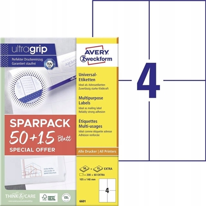 Picture of AVERY Etykiety uniwersalne biae z Ultragrip +30% dodatkowej zawartoci 105x148 mm (65 ark x 4 stk.)