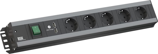 Picture of Bachmann craftsman's socket strip, 5x earthing contact, switch, 2x USB charger, 19-inch rack compatible, 2 m