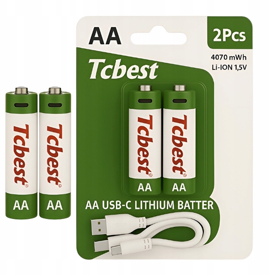Изображение Baterie Do adowania USB-C Akumulatorki AA Litowo Jonowy 2x Bateria   Kabel