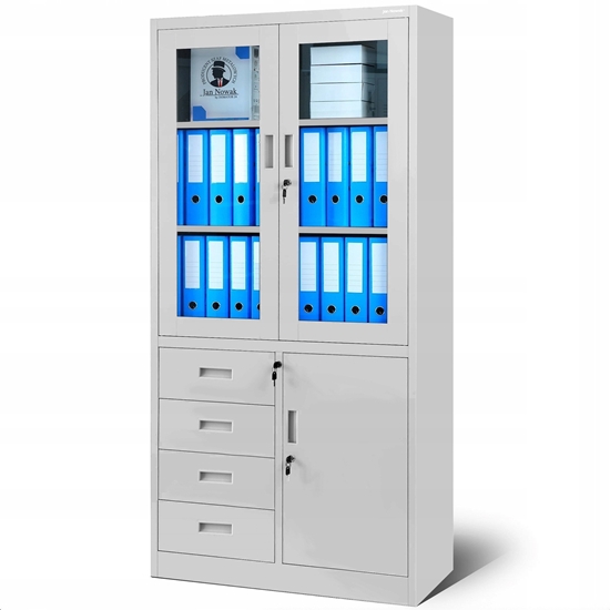 Picture of Biurowa przeszklona szafa z szufladami WIOLA, 900 x 1850 x 400 mm, szara