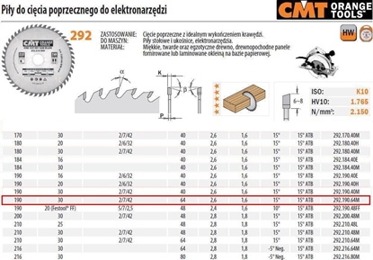 Изображение CMT PIA DO CICIA POPRZECZNEGO, OBRÓBKA WYKACZAJCA HM 190x30x2,6/1,6 Z=64 CMT292.190.64M