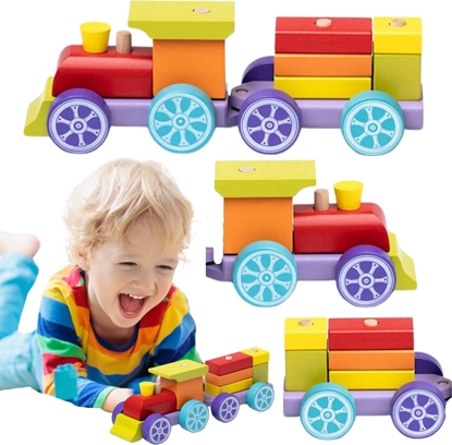 Изображение Cubika POCIG LOKOMOTYWA CIUCHCIA DREWNIANY KOLOROWY WAGONIKI UKADANIE KLOCKÓW