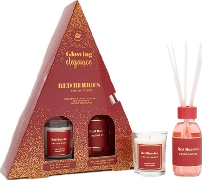 Attēls no Dyfuzor zapachowy Beliani Glowing Elegance zestaw patyczki zapachowe Czerwone Owoce 95ml + wieca zapachowa Czerwone Owoce 120g