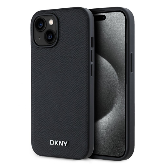 Picture of DKNY - DKNY PU Leather Silver Metal Logo Magsafe Case for iPhone 15 Black