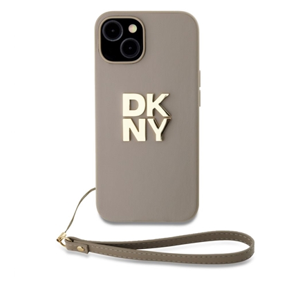 Изображение DKNY Apple DKNY PU Leather Stack Logo Wrist Strap Case for iPhone 14 Beige