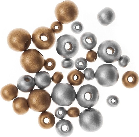 Picture of Drewniane koraliki, kulki, gold&silver 30szt
