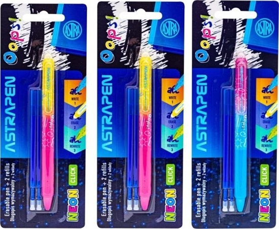 Picture of Dugopis wymazywalny CLICK 0,5 mm ASTRAPEN Oops! NEON + 2 wkady wymazywalne CLICK niebieskie blister 1+2 szt. Nnowo