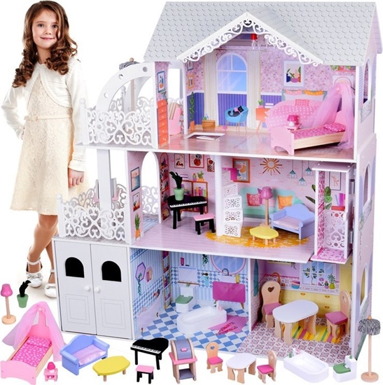 Picture of Duy Aurowy Domek drewniany dla lalek + Winda Gara Balkon Meble ZA5388