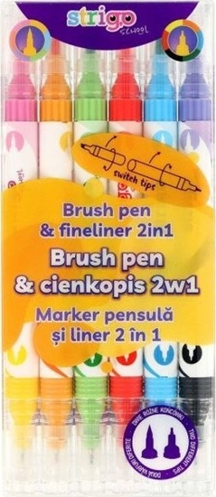 Изображение Dwustronny cienkopis i flamaster z kocówk Brush 6 kolorów STRIGO