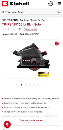 Picture of EINHELL PILARKO-ZAGBIARKA TP-PS 18/165 Li BL