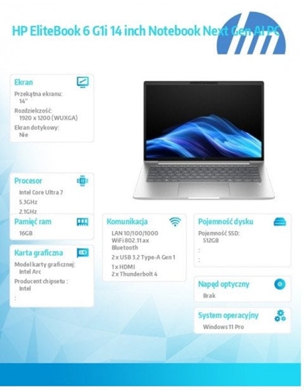 Picture of Laptop HP Notebook EliteBook 6 G1i  U7-265U 512GB/16GB/W11P/13.3 C51HBET