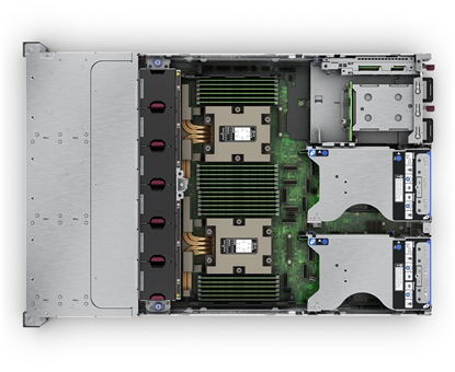 Picture of HPE ProLiant DL385 Gen11 Smart Choice Modell, 2U Rack SFF, 1x AMD EPYC 9124 (3.0GHz/16c), 2x 32GB, MR408i-o/4G+Akku, 8x SFF Slots (3Mode), 2x 480GB SATA SSD (P40497-B21), 2x 1/10G RJ45 (BCM57416 OCP3), 2x 1000W Netzteil, Easy Install Rails & CMA, Bez