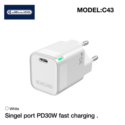 Изображение Jellico C43 Mini PD 30W QC 3.0 Smart Adaptive Fast Charger with 1x USB-C (5-20V) White
