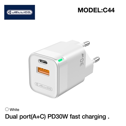 Изображение Jellico C44 Mini PD 30W QC 3.0 Smart Adaptive Fast Charger with 1x USB-C (5-20V) / USB 3A White