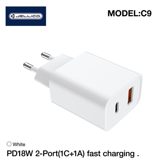 Picture of Jellico C9 PD 20W QC 3.0 Smart Adaptive Fast Charger with USB-C (5-12V) / USB 3A White