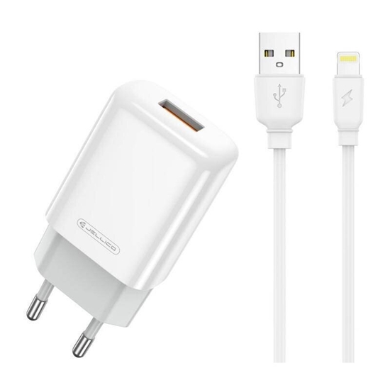 Picture of Jellico EU01 USB 12W Universal USB Adaptive Charger 1x USB 2.4A (5-12V) + Lightning Cable White