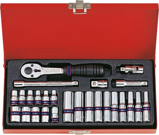 Изображение King Tony ZESTAW NASADEK 1/4" 26cz. KRÓTKIE + DUGIE, 6-kt. 4 - 13mm Z GRZECHOTK I AKCESORIAMI, KASETA King Tony