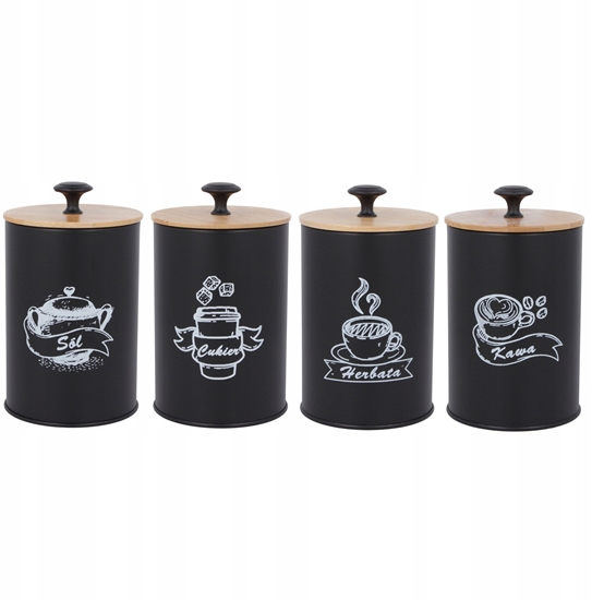 Picture of KOMPLET 4 POJEMNIKÓW KAWA HERBATA CUKIER SÓL 15X11CM BRUNBESTE BB-2687 (NAPISY PL)