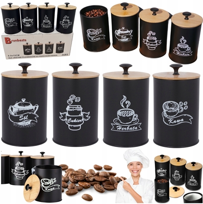 Picture of KOMPLET 4 POJEMNIKÓW KAWA HERBATA CUKIER SÓL 16X9,5CM BRUNBESTE BB-2681 (NAPISY PL)