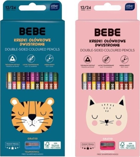 Picture of Kredki dwustronne oówkowe trójktne INTERDRUK BB Friends 12/24 +temperówka