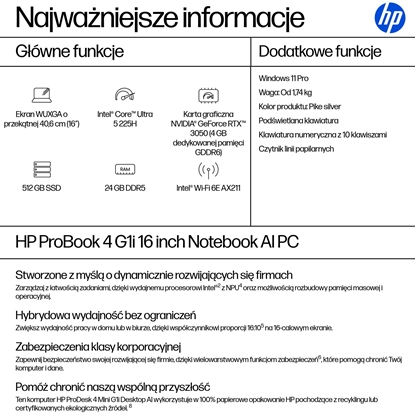 Picture of Laptop HP ProBook 4 G1i 16 Ultra 5 225H / 24 GB / 512 GB / W11 Pro (C51M3ET)