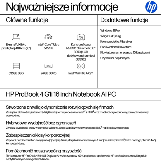 Picture of Laptop HP ProBook 4 G1i 16 Ultra 5 225H / 24 GB / 512 GB / W11 Pro (C51M3ET)