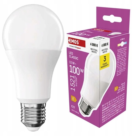 Изображение LED arwka EMOS Lighting E27, 220-240V, 13.2W, 1521lm, 4000k, neutralna biel, 30000h, Classic A60 120x60x60mm