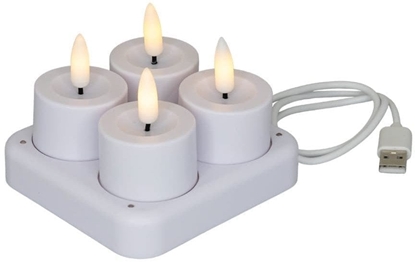 Attēls no LED tealight, Cozzy, 5cm, Ø3.9cm, white, plastic, rechargeable, 3D flame, 4 pcs. incl. charger