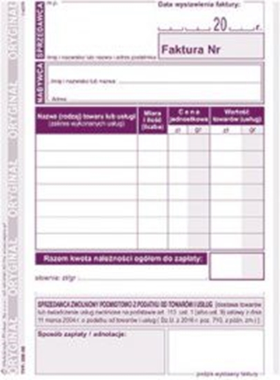 Изображение Michalczyk & Prokop Faktura dla podatnikw zwolnionych podmiotowo z podatku od towarw i usug A6 205-5E