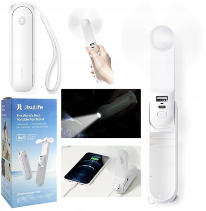 Изображение Mini wentylator Jisulife Handheld Fan Life8 przenony wiatraczek USB z funkcj powerbanka 2000mAh i latark - biay