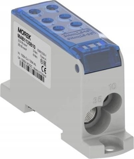 Изображение MOREK Blok dystrybucyjny - rozdzielczy OJL135A niebieski AL/CU we:1x2,5-35mm2 /1x2,5-10mm2 wy: 4x2,5-16mm2/2x2,5-10mm2 1000V MAB1135B1