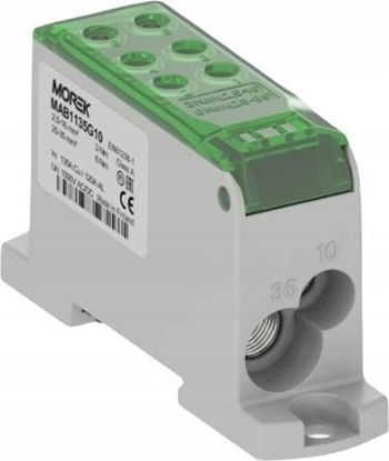 Изображение MOREK Blok dystrybucyjny - rozdzielczy OJL135A zielony AL/CU we:1x2,5-35mm2 /1x2,5-10mm2 wy: 4x2,5-16mm2/2x2,5-10mm2 1000V MAB1135G10
