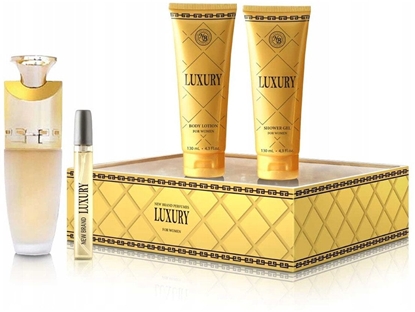 Attēls no New Brand Luxury For Women Zestaw woda perfumowana spray 100ml + balsam do ciaa 130ml + el pod prysznic 130ml + woda perfumowana spray 15ml