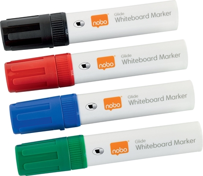 Attēls no Nobo Glide whiteboard marker bred skrå spids 10 mm hurtigttørrende blæk, pakke/4 stk. Assorteret
