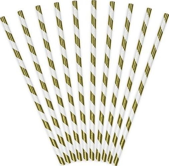 Изображение Party Deco Somki papierowe do picia w paski, zote, 19,5cm, 10 szt. uniwersalny