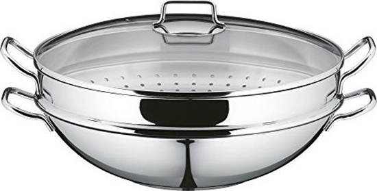 Изображение Patelnia WMF Zestaw woków imprezowych WMF, sztuki 4, patelnia wok z pokrywk, 36 cm, amortyzator 4,5l, stojak do przechowywania, wkadka amortyzatora Cromargan stal nierdzewna polerowana, niepowlekana, indukcja