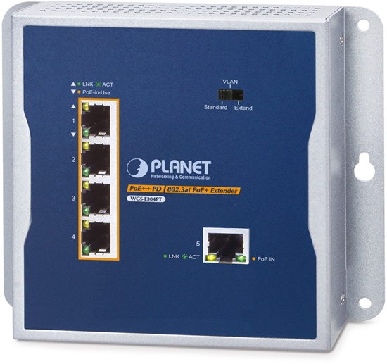 Picture of PLANET WGS-E304PT Industrial PoE+ Wall-mounted Extender 1-Port PoE++ to 4-Port, Network transmitter & receiver, 2000 entries, IP30, Blue, Metal, Wall