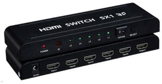Изображение Premiumcord Hdmi Przecznik 5:1 Z Pilotem Zdalnego Sterowania I Zasilaczem Sieciowym, Metalowa Obudowa, Przecznik Ze Statusem Led, Rozdzielczo Wi