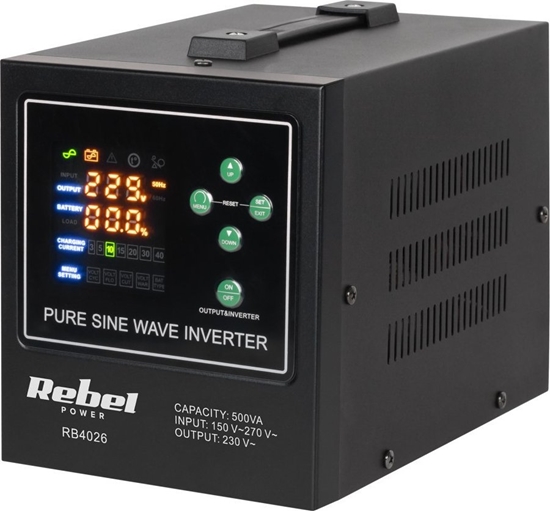 Изображение Przetwornica Rebel Zasilacz awaryjny Rebel POWER-500-LFP4 - przetwornica z czystym przebiegiem sinusoidalnym i funkcj adowania  12V 230V 500VA/300W