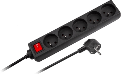 Attēls no Rebel Przeduacz sieciowy czarny 5 gniazd z przecznikiem, kabel 3m (1,5mm)