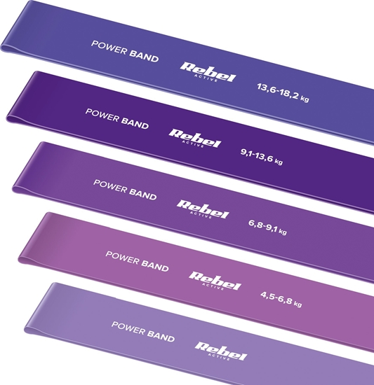 Изображение Rebel Zestaw gum do wicze lateksowy - Mini Band L, 2.3-18.2 kg, 5 gum, fioletowy,  REBEL ACTIVE