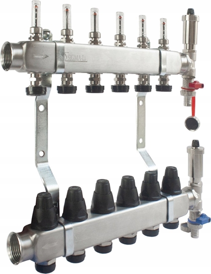 Picture of Rozdzielacz ze stali nierdzewnej INOX 2-drogowy z przepywomierzami, zaworami termostatycznymi, zaworami spustowymi i odpowietrznikami automatycznymi