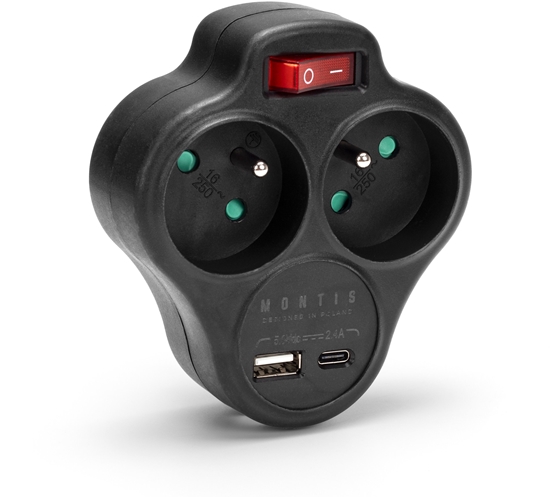 Picture of Rozganik sieciowy podwójny z wycznikiem + USB-A + USB-C MONTIS MT144-BK czarny
