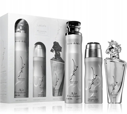 Изображение SET LATTAFA Maahir Legacy EDP spray 100ml + PERFUMED SPRAY 200ml + AIR FRESHENER 300ml