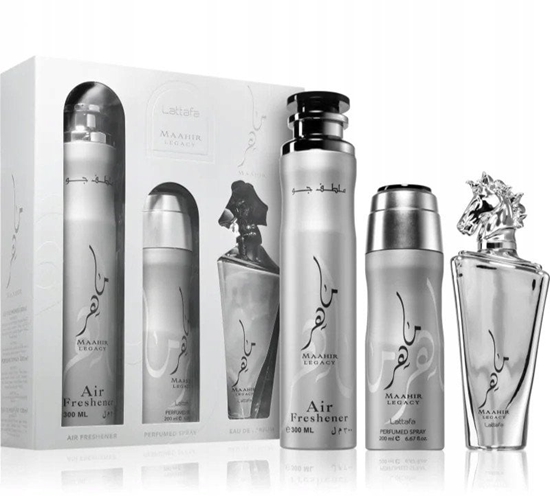 Изображение SET LATTAFA Maahir Legacy EDP spray 100ml + PERFUMED SPRAY 200ml + AIR FRESHENER 300ml
