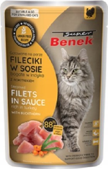 Picture of SUPER BENEK  SASZ.KOT 85g FILETY W SOSIE  Z INDYKA Z ROKITNIKIEM /28