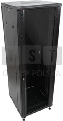 Attēls no Szafa Q-Lantec Szafa serwerowa 27U 600x1000, drzwi przednie szklane, drzwi tylne stalowe perforowane, zamek, 4 belki none, 4 regulowane stopki, do samodzielnego montau, kolor czarny (SS-27U-600-1000-01-C)
